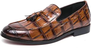 Men's Tassel Round Toe Slip-on Loafers Classic Crocodile Pattern Dress Shoes Comfortable Anti-Slip Business Formal Wedding Shoes for Men