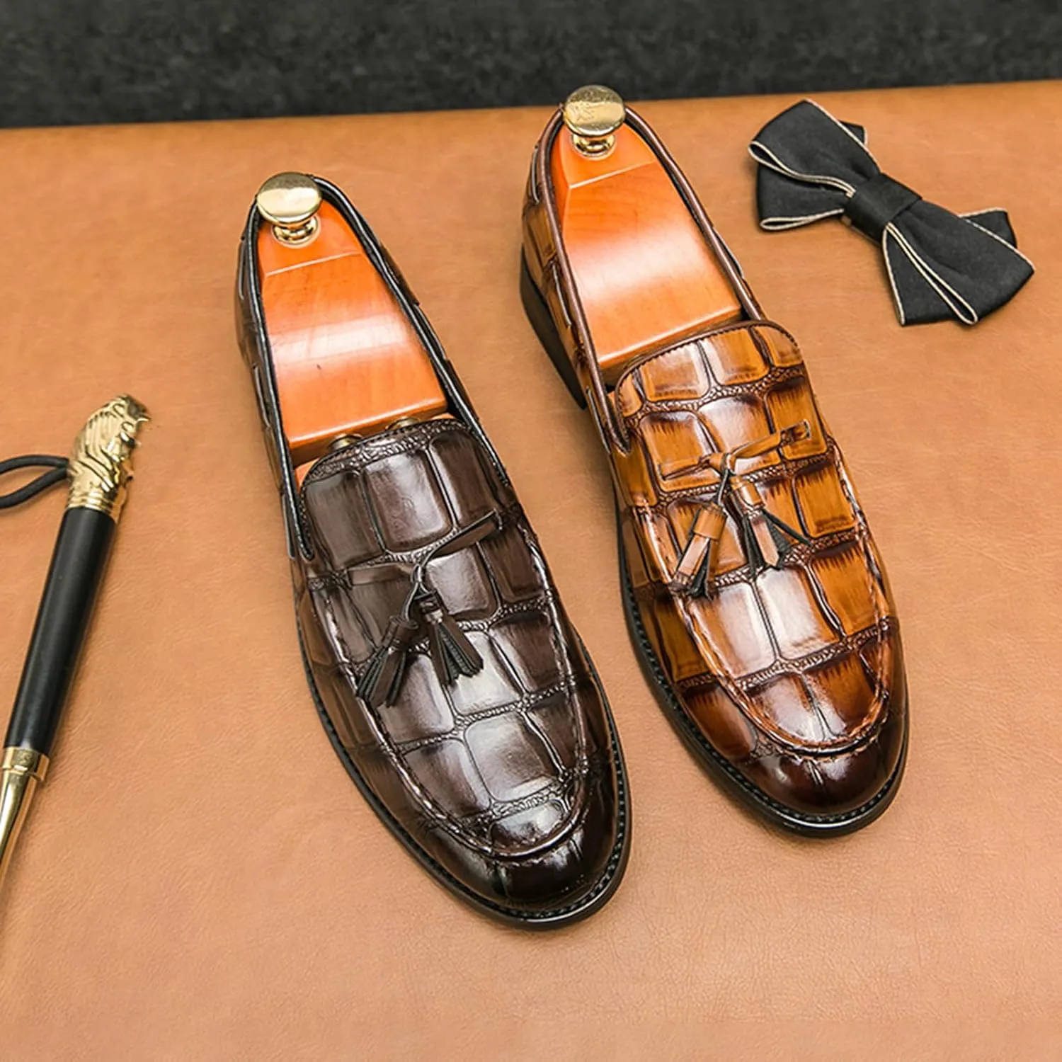 Men's Tassel Round Toe Slip-on Loafers Classic Crocodile Pattern Dress Shoes Comfortable Anti-Slip Business Formal Wedding Shoes for Men