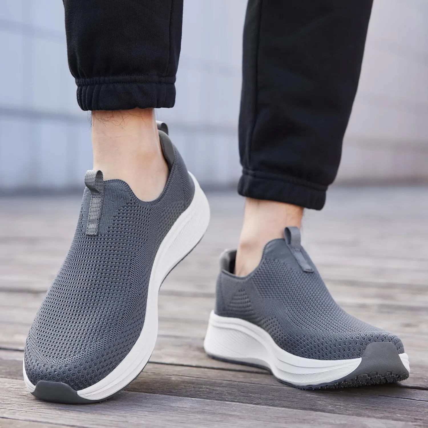 Men's Wide Non-Slip Walking Shoes Lightweight Breathable Knit Casual Sneakers Slip On Athletic Shoes Ultra Comfort Durable
