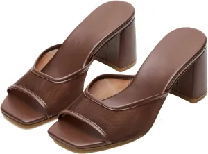 Mesh Heeled Sandals for Women Square Toe Chunky Heels Slip on Slides Heel Comfortable Casual Shoes