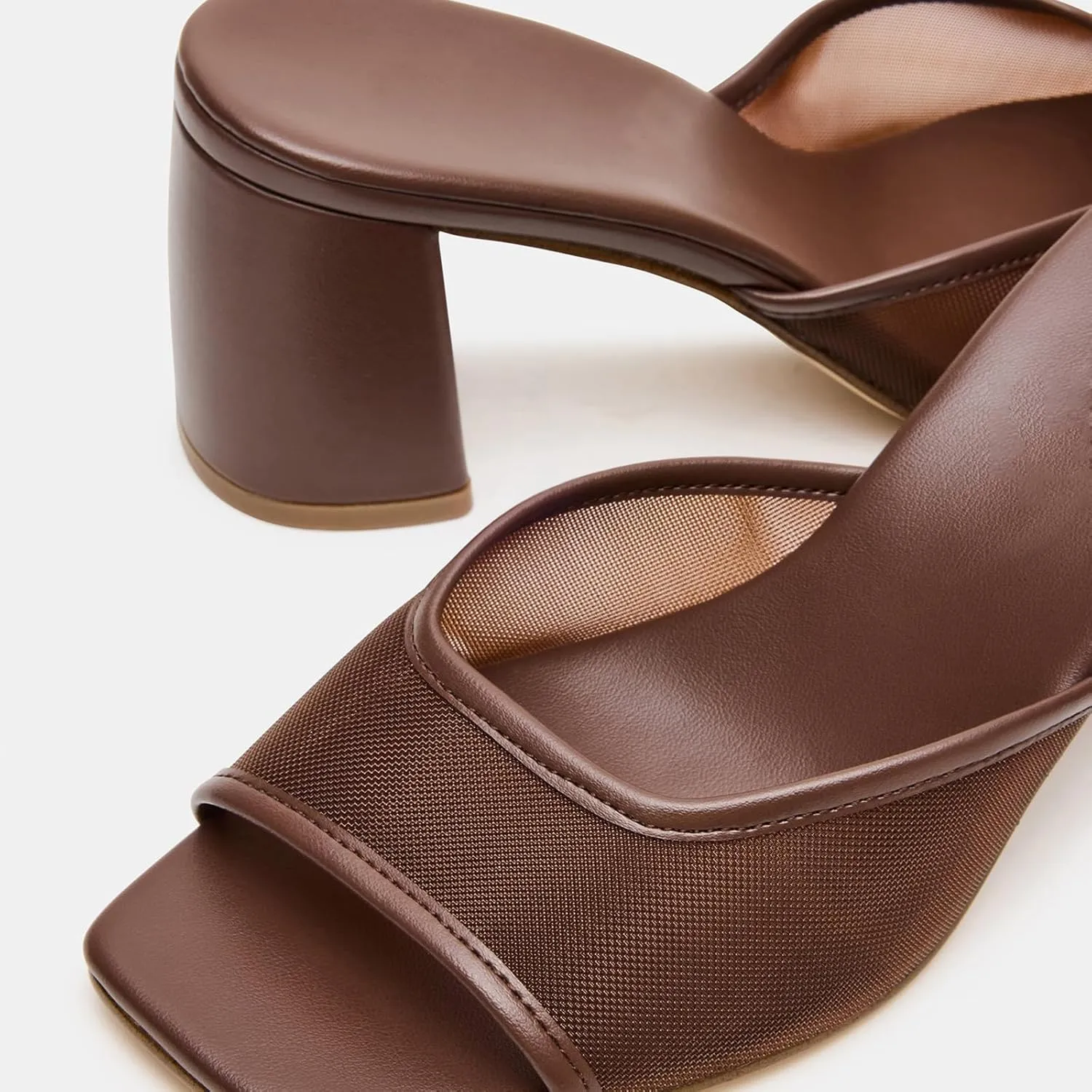 Mesh Heeled Sandals for Women Square Toe Chunky Heels Slip on Slides Heel Comfortable Casual Shoes