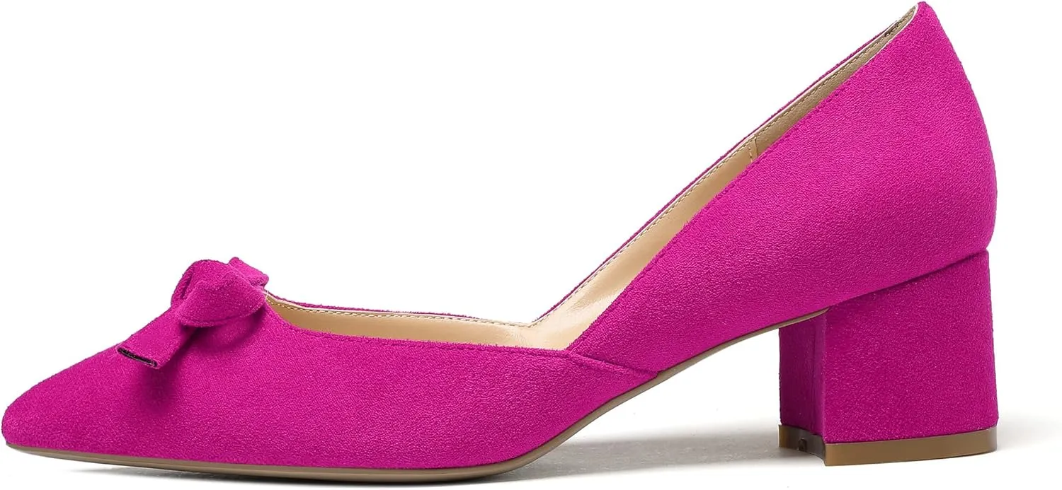 Mettesally Women’s Block Heel Pumps with Bow Knot Pointed Toe D’Orsay Chunky Heel Dress Party Shoes