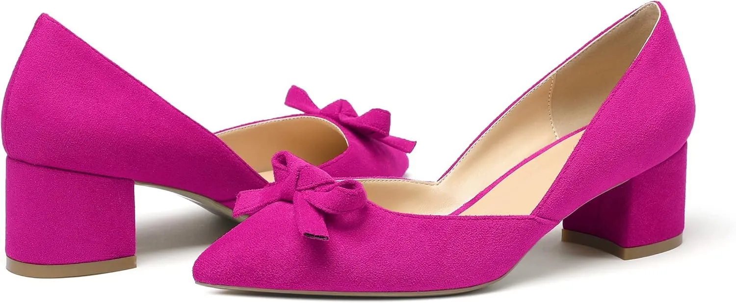 Mettesally Women’s Block Heel Pumps with Bow Knot Pointed Toe D’Orsay Chunky Heel Dress Party Shoes