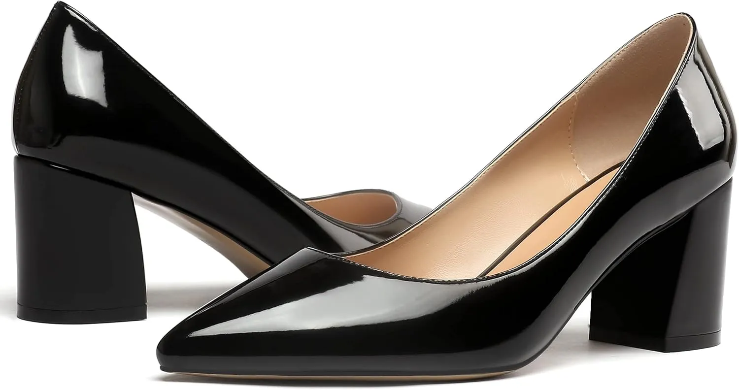 Mettesally Women's Classic Closed Pointed Toe Pumps 7cm Mid High Chunky Block Heel Chic Shoes Slip on Comfortable for Party Business Office Dress Pumps…