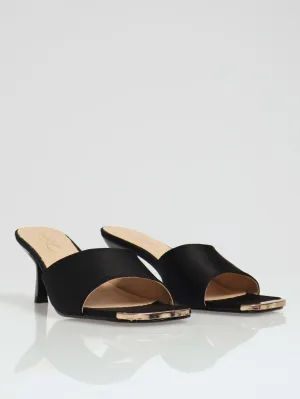 Mid Stiletto One Strap Mule Heel With Gold Toe Cap - Black