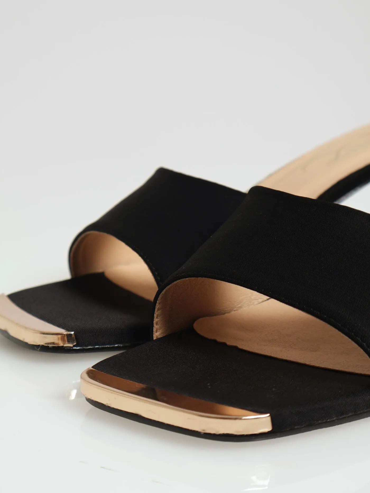 Mid Stiletto One Strap Mule Heel With Gold Toe Cap - Black