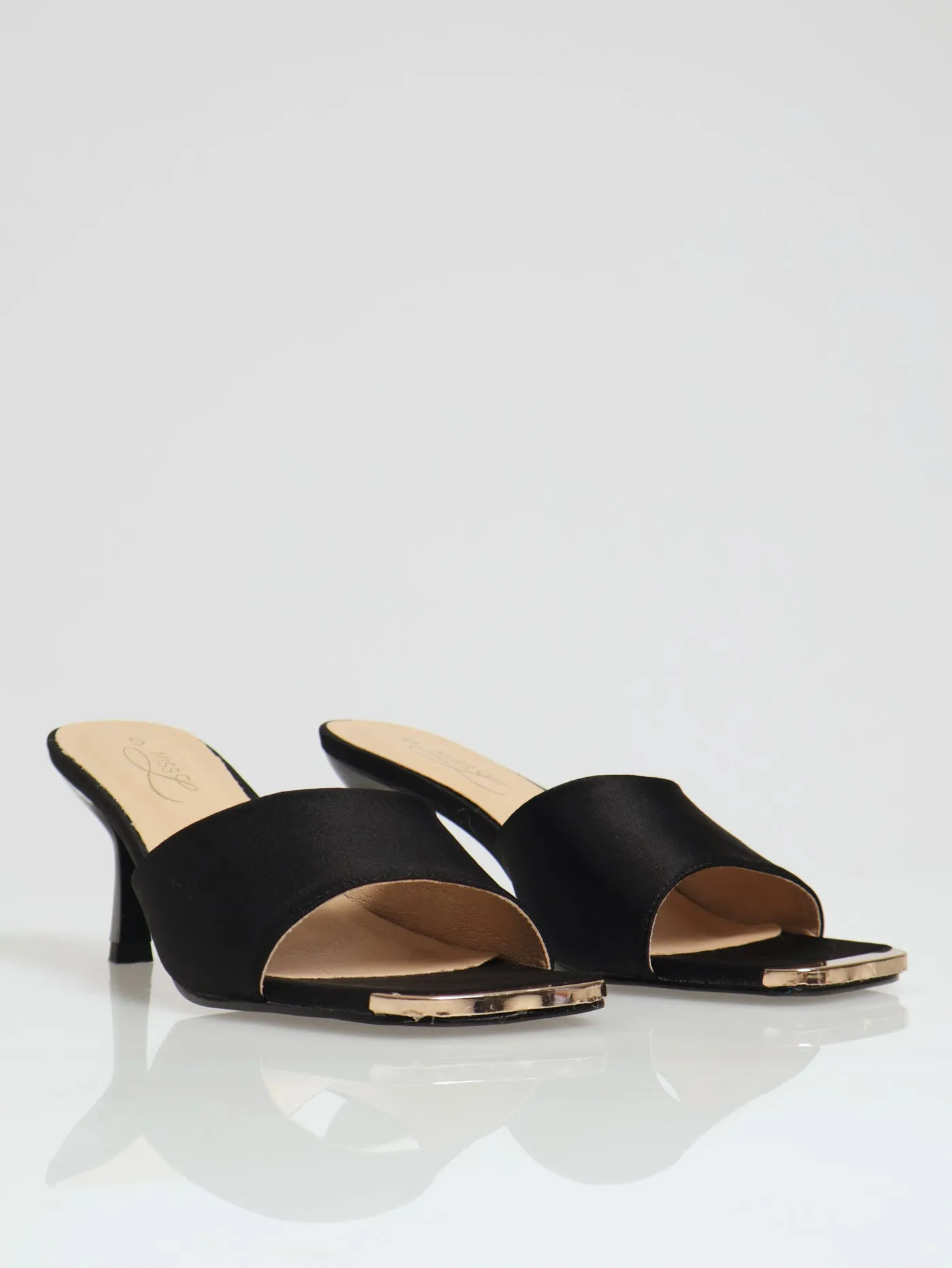 Mid Stiletto One Strap Mule Heel With Gold Toe Cap - Black