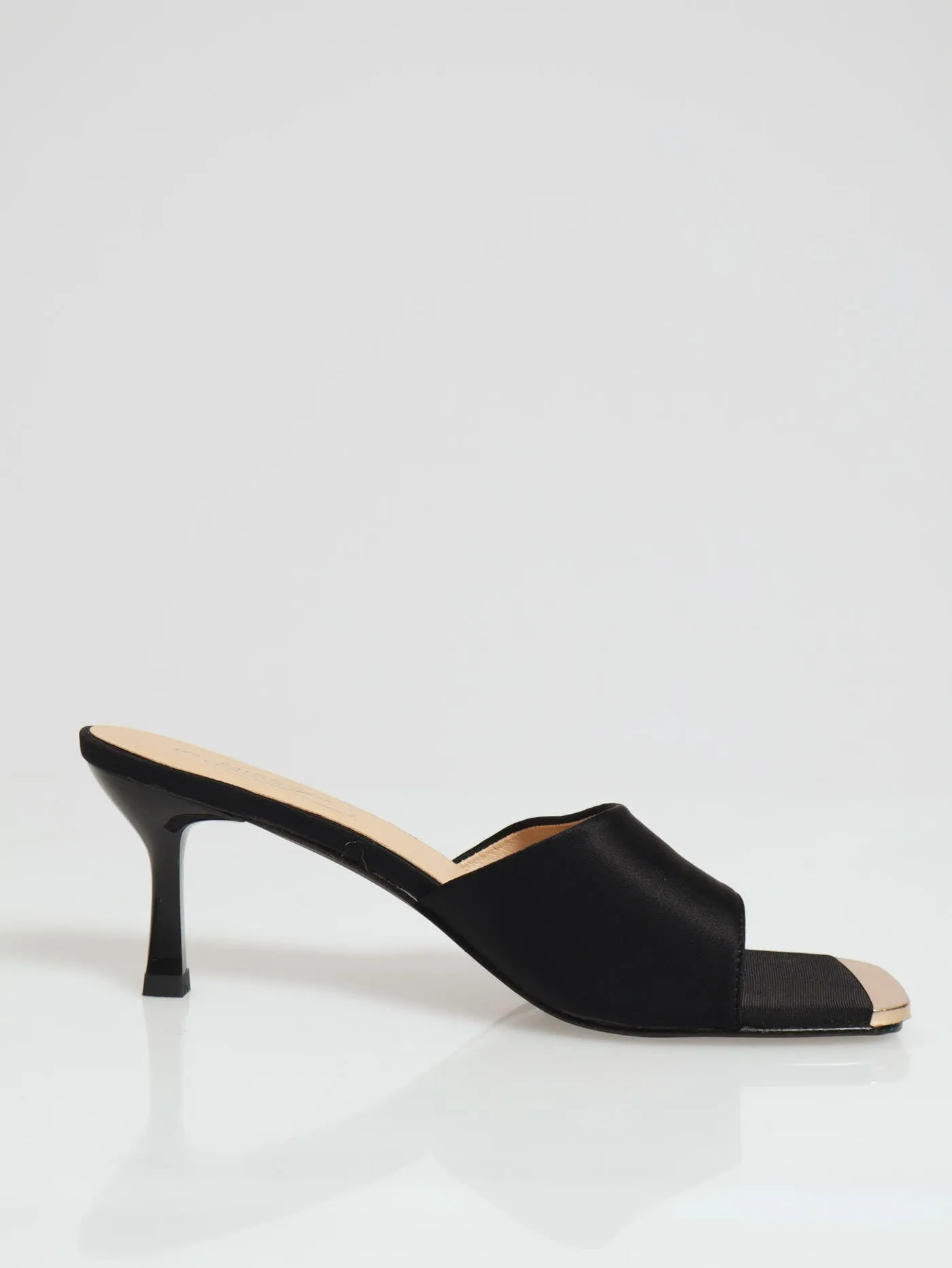 Mid Stiletto One Strap Mule Heel With Gold Toe Cap - Black