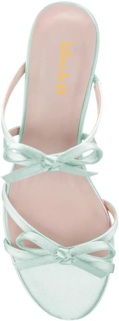 miss left Women Open Round Toe Two Bowknots Satin Mules Block Low Heel Slip on Trendy Summer Party Casual Sandals Size 4-16 US