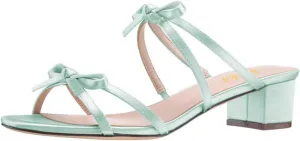 miss left Women Open Round Toe Two Bowknots Satin Mules Block Low Heel Slip on Trendy Summer Party Casual Sandals Size 4-16 US