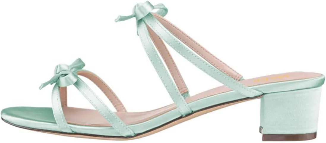 miss left Women Open Round Toe Two Bowknots Satin Mules Block Low Heel Slip on Trendy Summer Party Casual Sandals Size 4-16 US