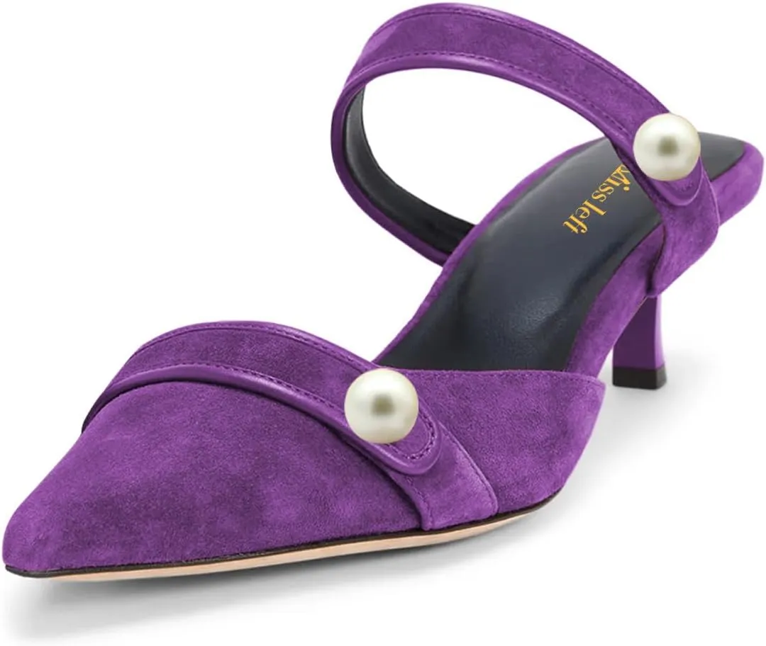 miss left Women Pointed Toe Slip on Pearl Mules Kitten Low Heel Soft Insole Comfortable Summer Leisure Slide Sandals Size 4-16 US