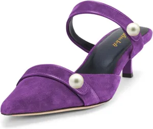 miss left Women Pointed Toe Slip on Pearl Mules Kitten Low Heel Soft Insole Comfortable Summer Leisure Slide Sandals Size 4-16 US