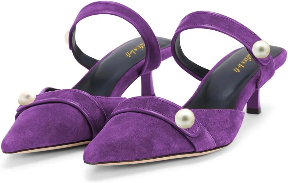 miss left Women Pointed Toe Slip on Pearl Mules Kitten Low Heel Soft Insole Comfortable Summer Leisure Slide Sandals Size 4-16 US