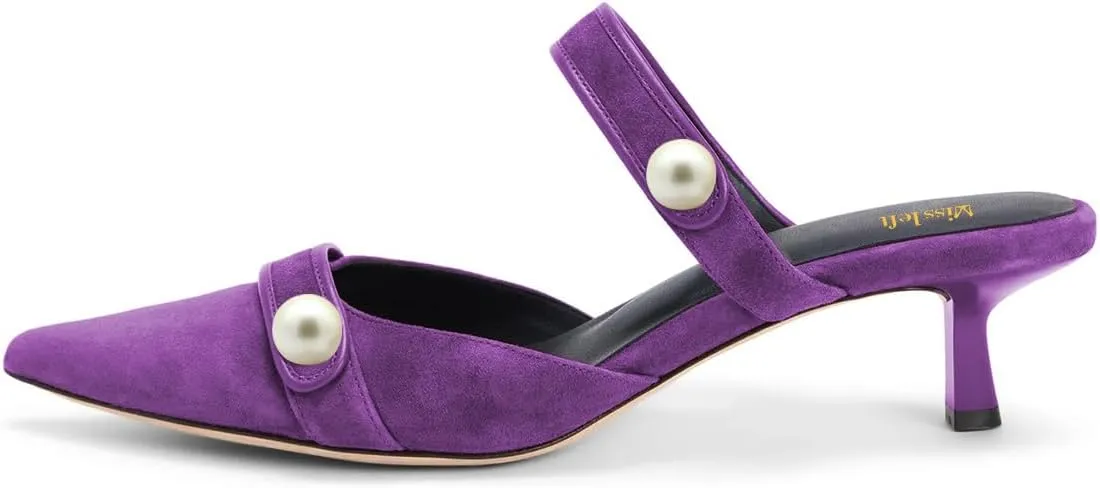 miss left Women Pointed Toe Slip on Pearl Mules Kitten Low Heel Soft Insole Comfortable Summer Leisure Slide Sandals Size 4-16 US