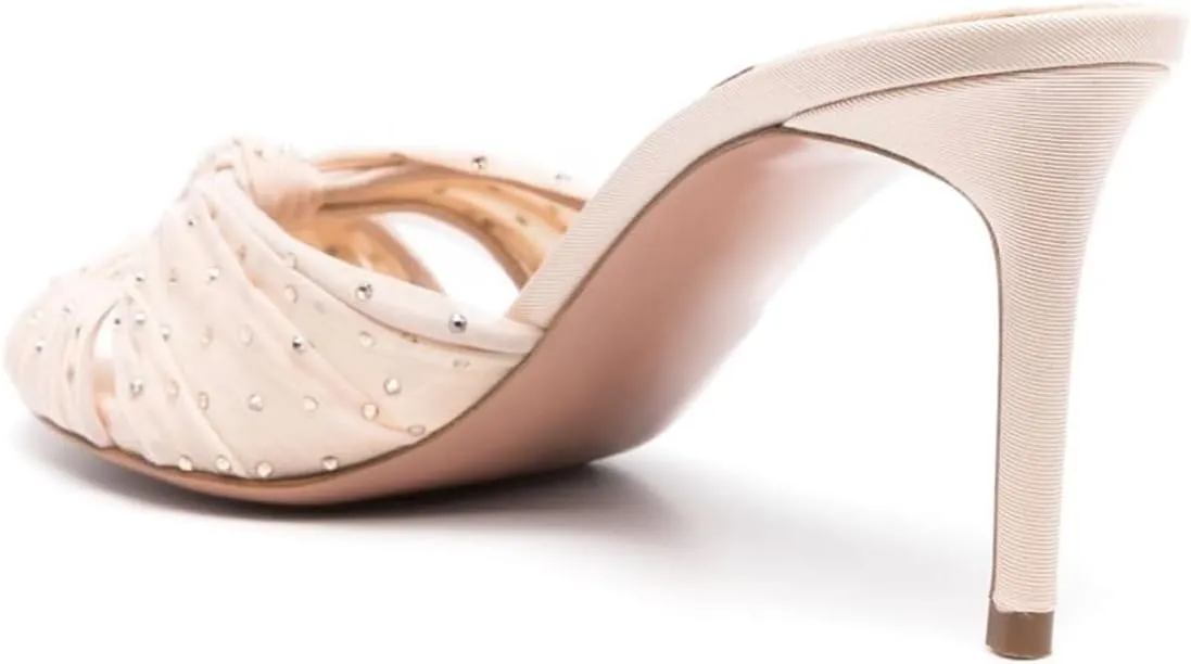 miss left Women Rhinestone Studs Knotted Peep Toe Slide Sandals Translucent Mesh Thin Mid Heel Mules Slip on Graceful Party Club Shoes Size 4-16 US
