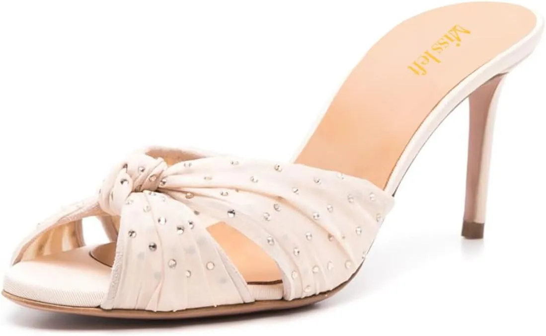 miss left Women Rhinestone Studs Knotted Peep Toe Slide Sandals Translucent Mesh Thin Mid Heel Mules Slip on Graceful Party Club Shoes Size 4-16 US