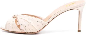 miss left Women Rhinestone Studs Knotted Peep Toe Slide Sandals Translucent Mesh Thin Mid Heel Mules Slip on Graceful Party Club Shoes Size 4-16 US
