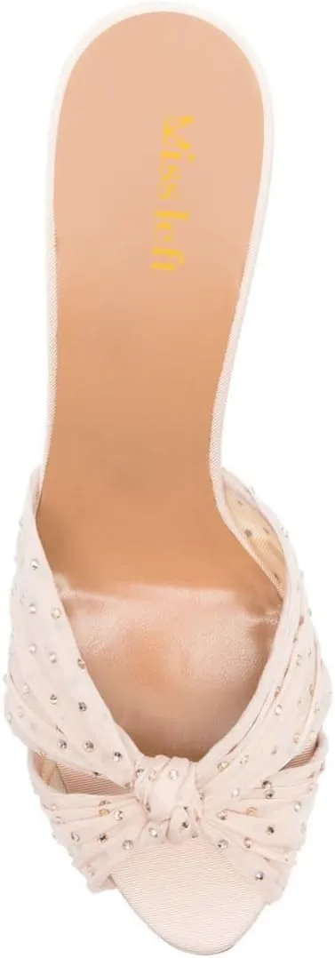 miss left Women Rhinestone Studs Knotted Peep Toe Slide Sandals Translucent Mesh Thin Mid Heel Mules Slip on Graceful Party Club Shoes Size 4-16 US