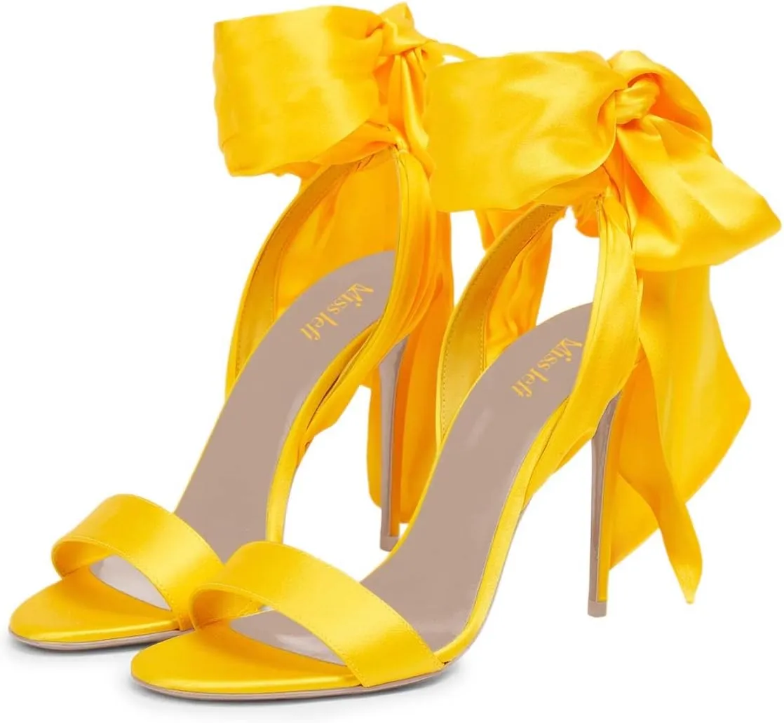 miss left Womens Graceful Stiletto High Heel Sandals Open Round Toe Ankle Wrap Bow Tie Pumps Chic Wedding Evening Shoes Size 4-16 US