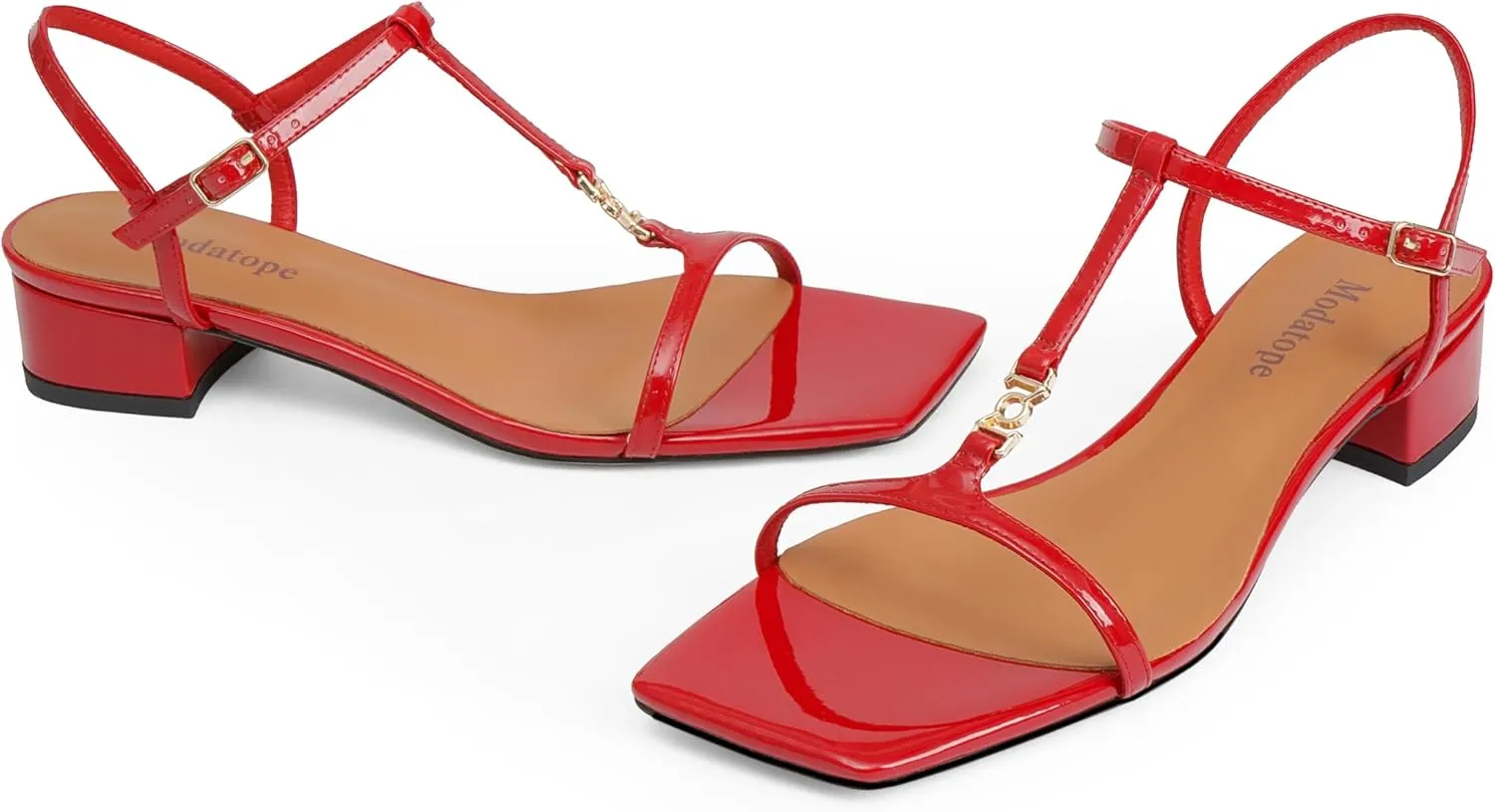 Modatope T-Strap Heels for Women, with Square Open Toe and Chunky Low Heel Design