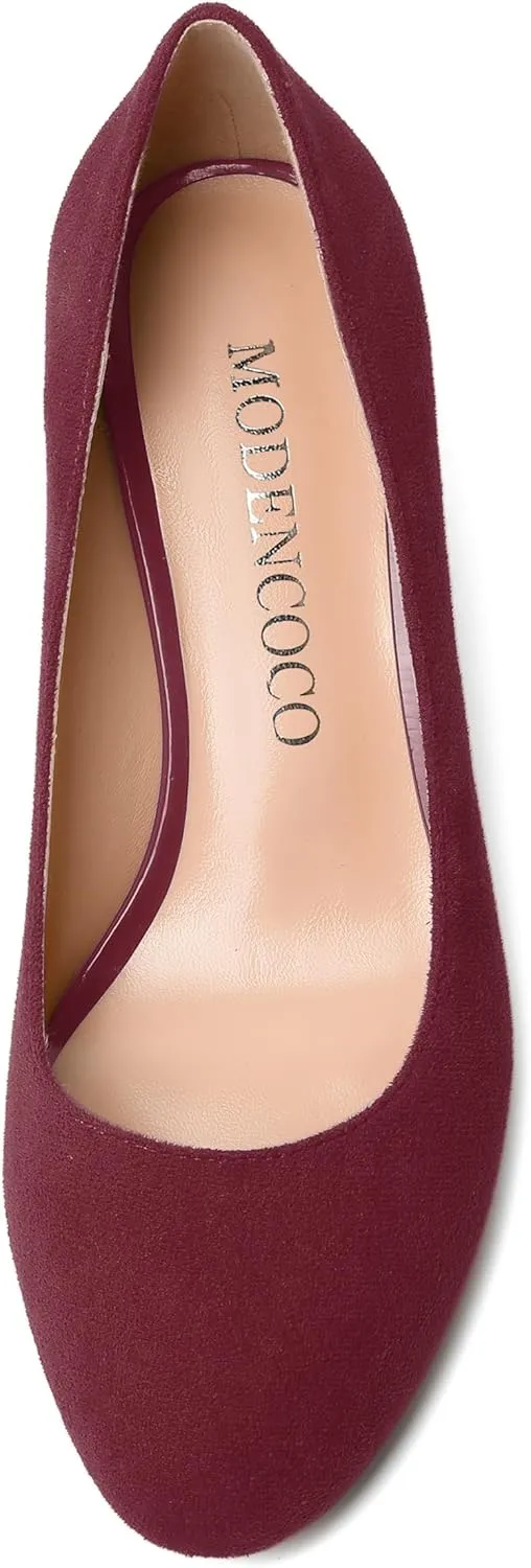 MODENCOCO Womens Suede Slip On Comfortable Formal Round Toe Office Chunky Low Heel Pumps Dress Shoes 2 Inch