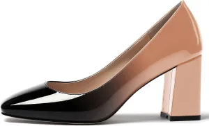 MODENCOCO Women's Thick Square Toe Patent Slip On Solid Block High Heel Pumps Shoes 3 Inch