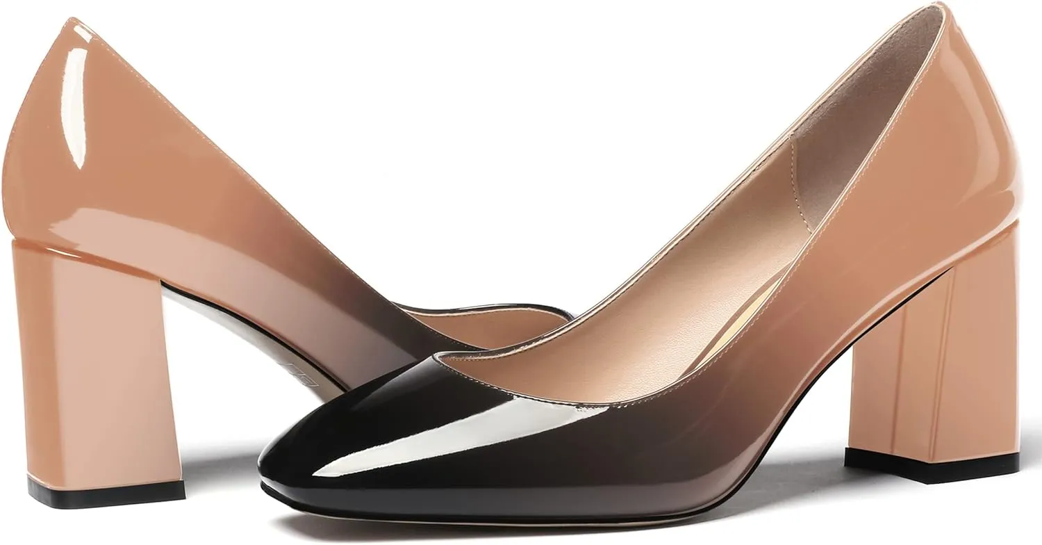 MODENCOCO Women's Thick Square Toe Patent Slip On Solid Block High Heel Pumps Shoes 3 Inch