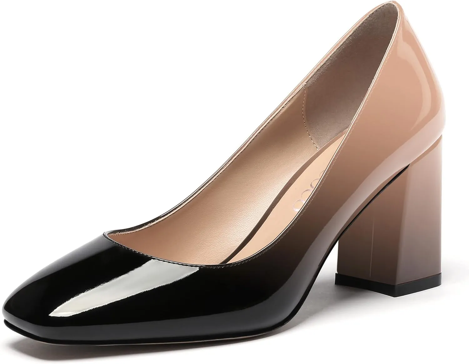 MODENCOCO Women's Thick Square Toe Patent Slip On Solid Block High Heel Pumps Shoes 3 Inch