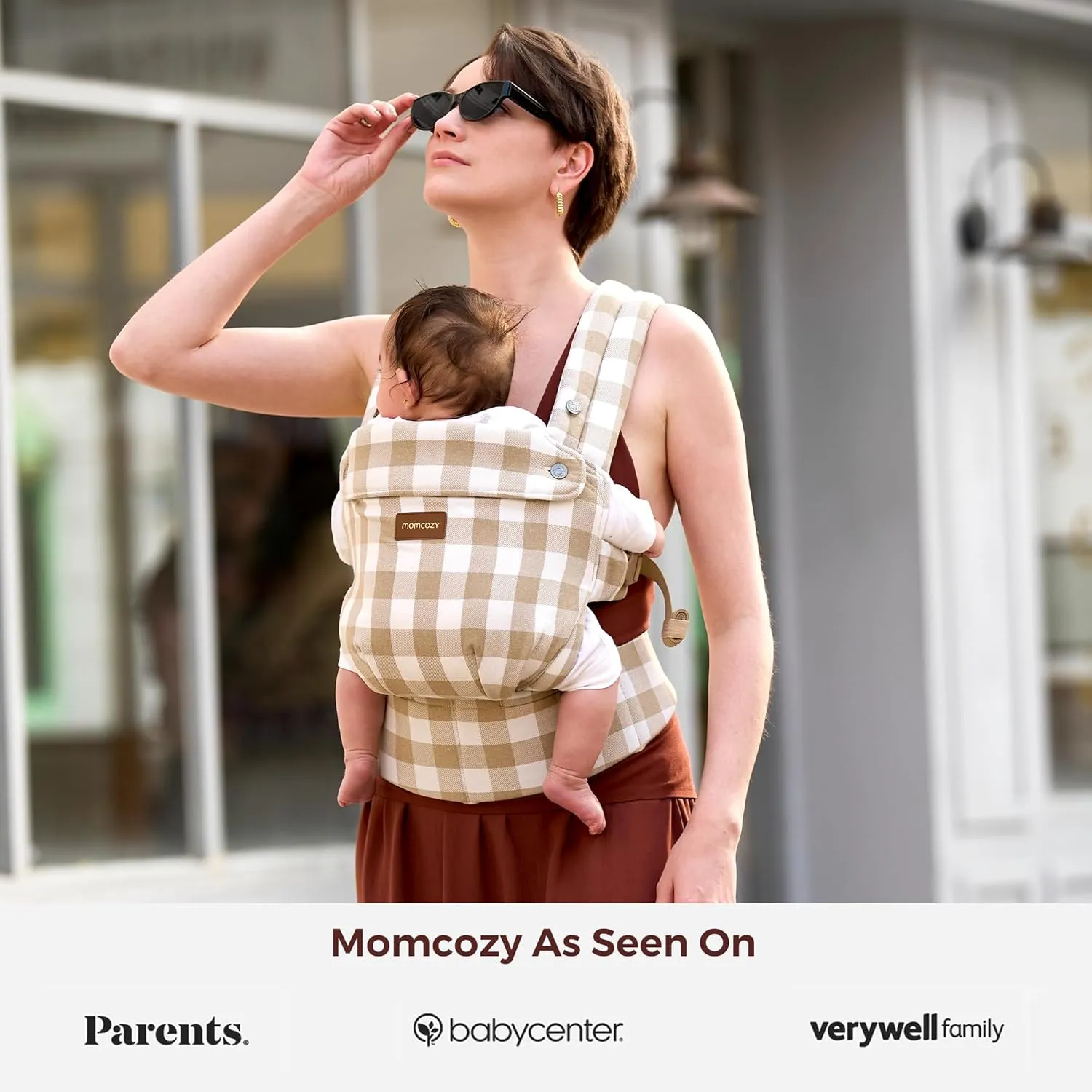 Momcozy Baby Carrier with Natural Cotton Linen, Built to Last, Ergonomic Design, Lightweight and Comfortable, Hands-Free for Moms&Dads, Brown Checkerboard