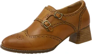 Mona flying Womens Leather Chunky Heel Monk Strap Oxfords Wingtip Ladies Mid Heel Dress Loafers Pumps Shoes with Buckle