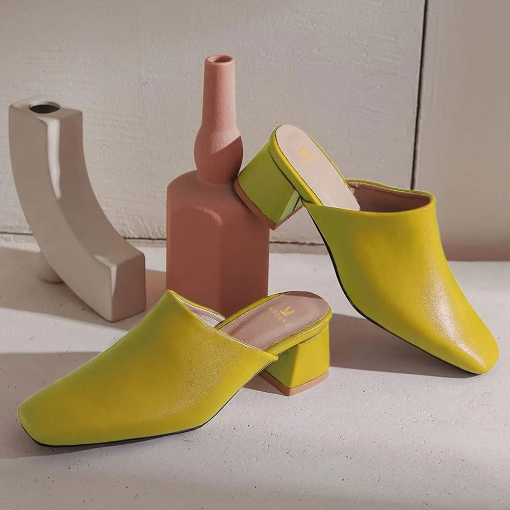 MOOMMO Women Chunky Heel Mules Closed Toe Square Toe Slip On Backless Pumps Mid Block Heel Office Casual Dress Shoes 5-17 US
