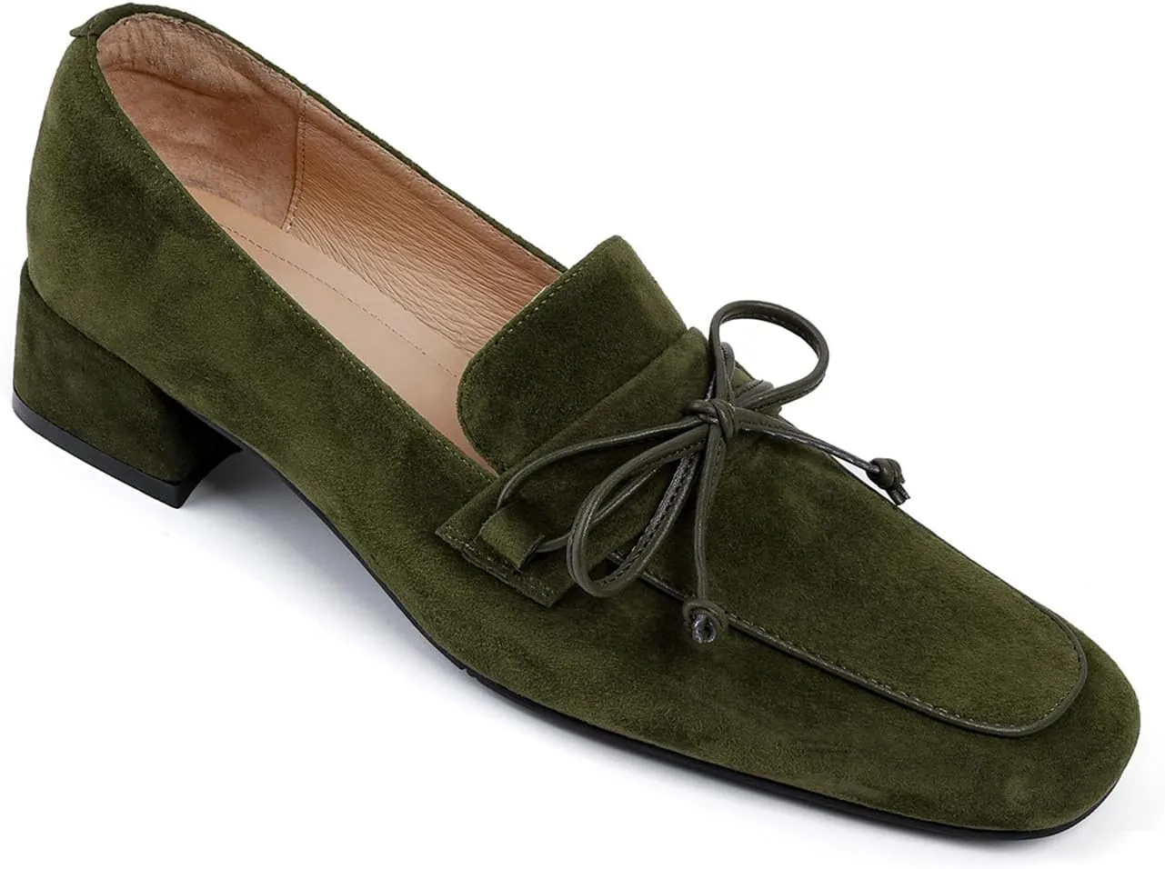 MOOMMO Women Chunky Low Heel Loafers Bow Suede Slip On Closed Square Toe Loafer Shoes Oxfords Comfy 1 Inch Block Heels Dress Shoes Pumps Office Work Pumps Vintage Retro Comfy 4-11 M US