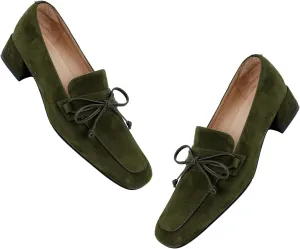 MOOMMO Women Chunky Low Heel Loafers Bow Suede Slip On Closed Square Toe Loafer Shoes Oxfords Comfy 1 Inch Block Heels Dress Shoes Pumps Office Work Pumps Vintage Retro Comfy 4-11 M US