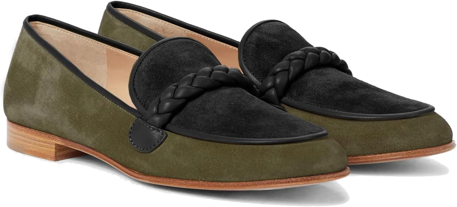 MOOMMO Women Comfortable Suede Loafer Flats Closed Round Toe Slip On Penny Loafers Knitted Strap Oxford Loafer Shoes for Office Ladies Work Daily Casual Club Driver Flats Spring Elegant 4-11 M US
