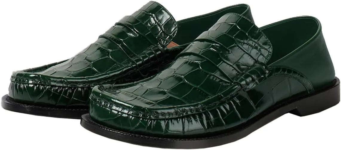 MOOMMO Women Low Chunky Heel Loafers Walking Shoes Crocodile Loafer Flats Round Toe Toe Slip On Penny Loafers Dress Shoes Matte Stone Pattern Office Ladies Casual Comfort 4-11 M US
