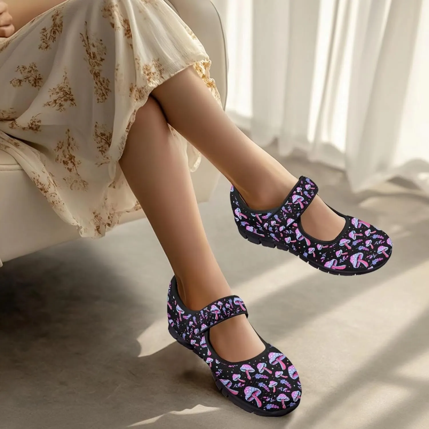 Mushroom Pattern Flat Casual Womens Shoes Breathable Slip On Adjustable Soft Diabetic Shoes for Neuropathy Comfort All Day Wear