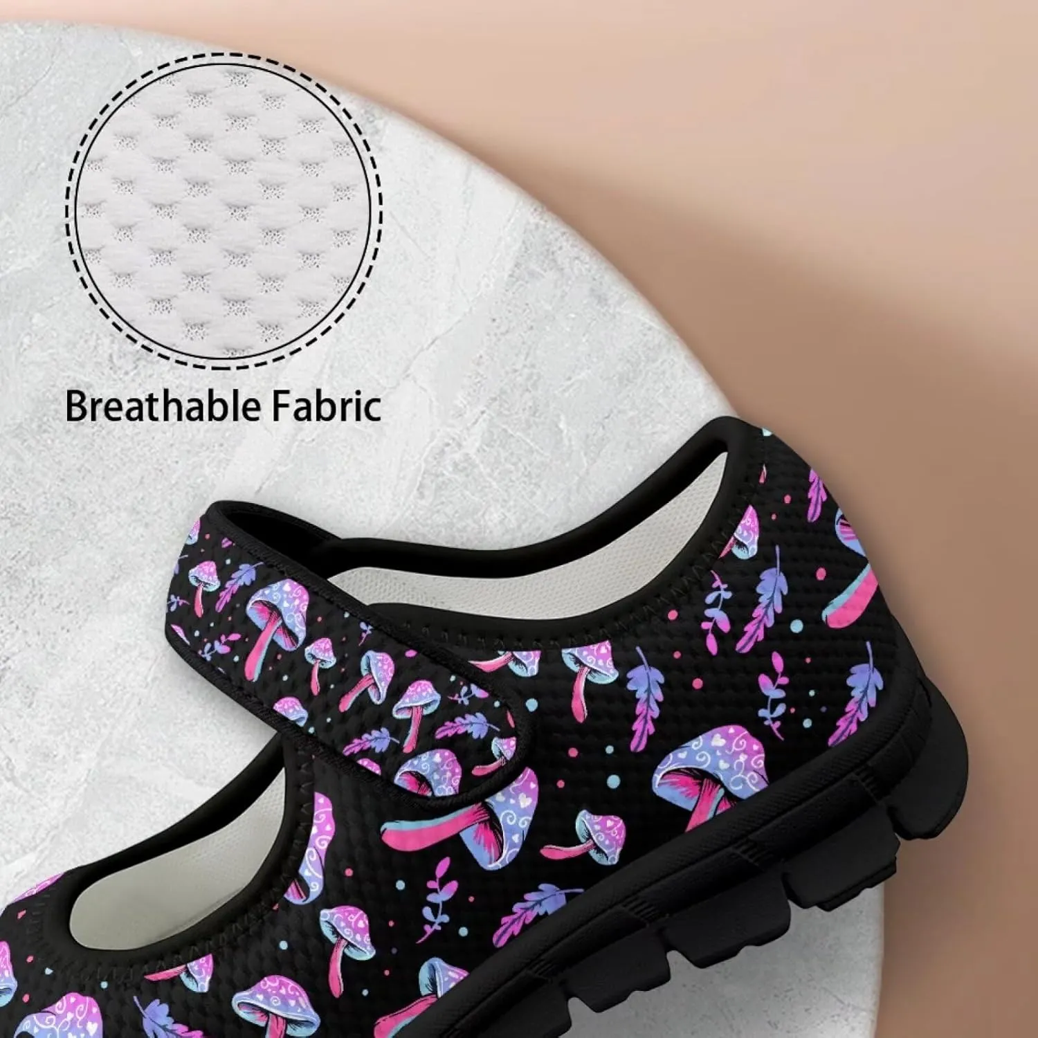 Mushroom Pattern Flat Casual Womens Shoes Breathable Slip On Adjustable Soft Diabetic Shoes for Neuropathy Comfort All Day Wear