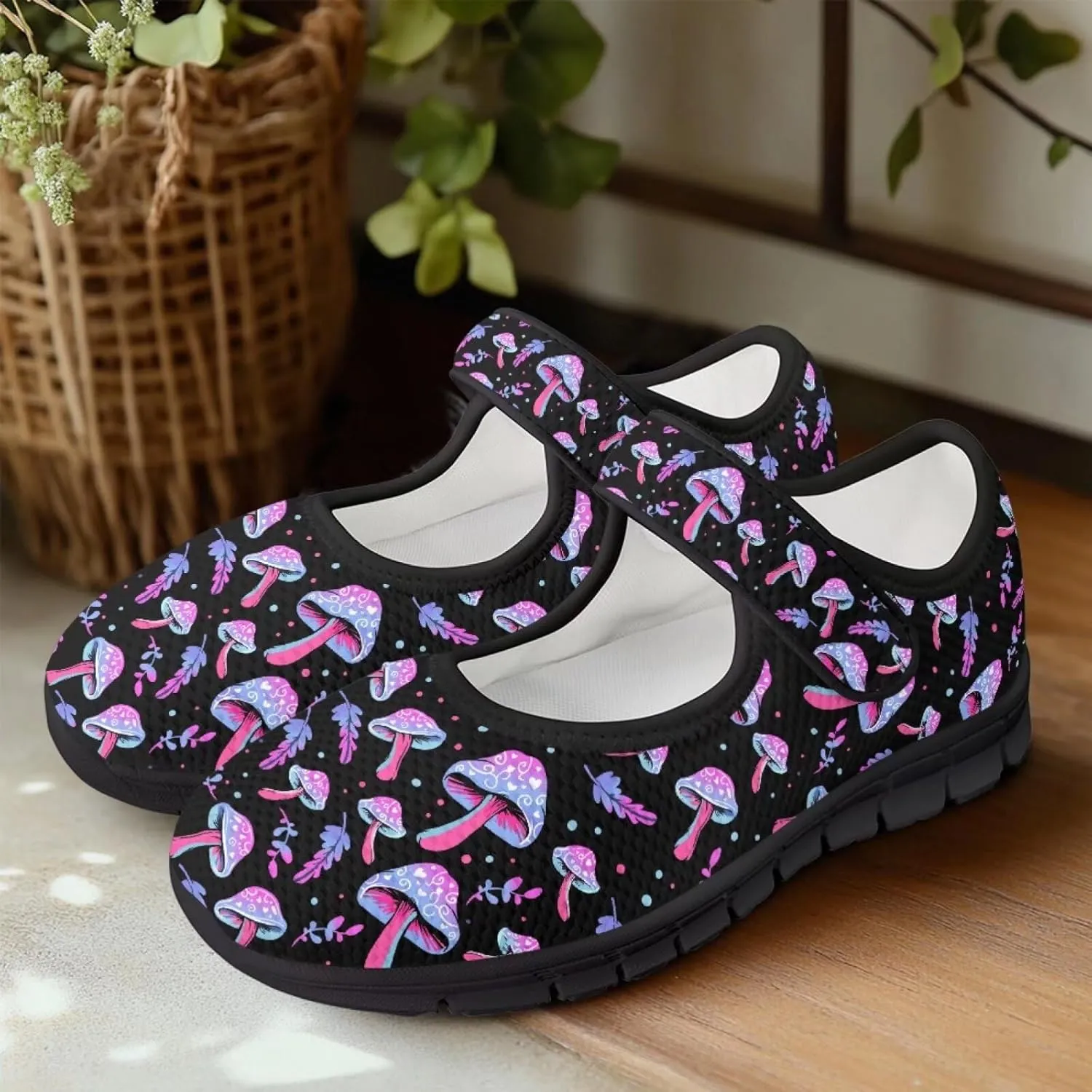 Mushroom Pattern Flat Casual Womens Shoes Breathable Slip On Adjustable Soft Diabetic Shoes for Neuropathy Comfort All Day Wear