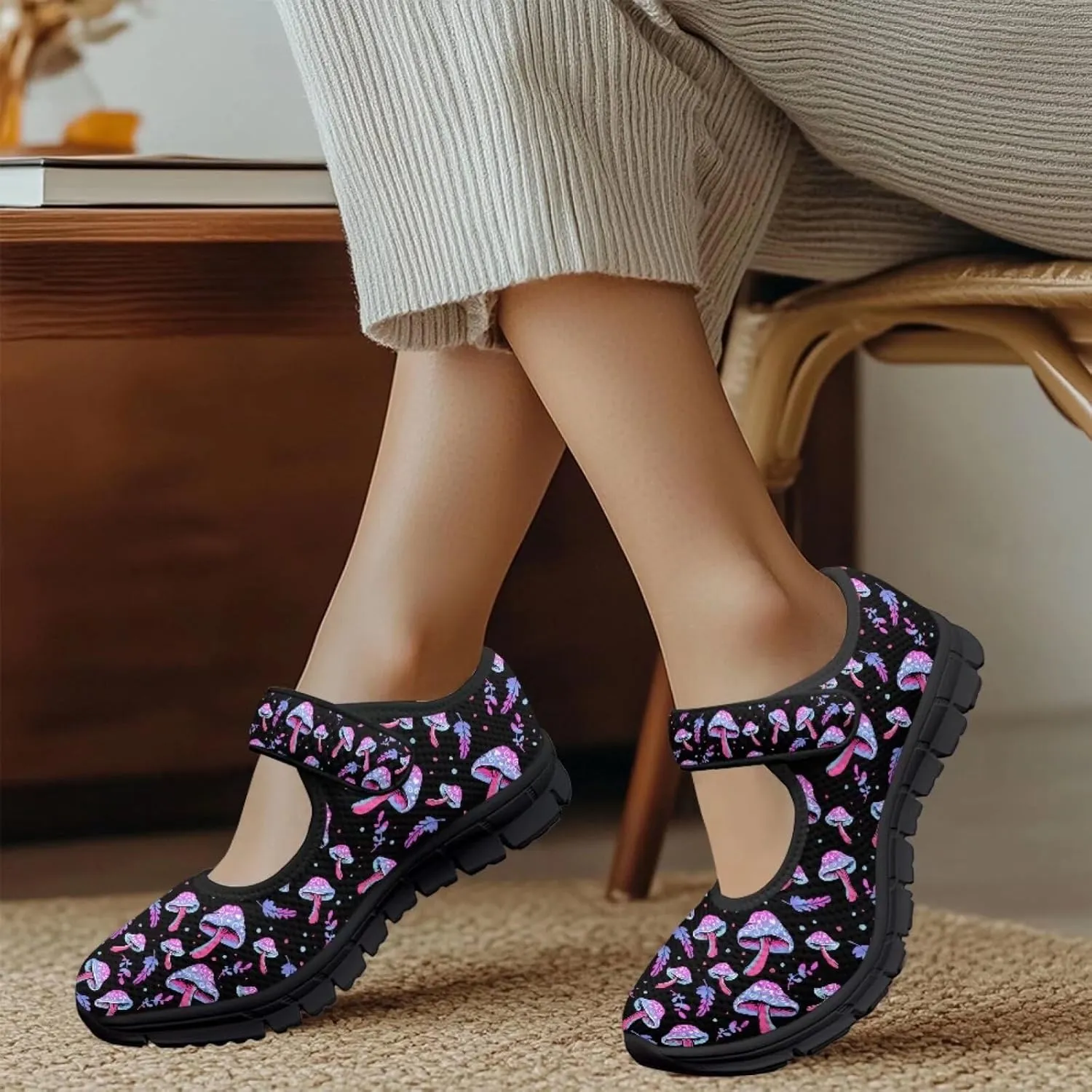 Mushroom Pattern Flat Casual Womens Shoes Breathable Slip On Adjustable Soft Diabetic Shoes for Neuropathy Comfort All Day Wear