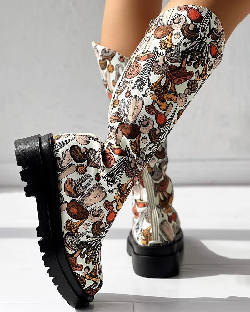 Mushroom Print Platform Over The Calf Boots