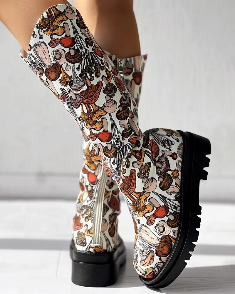 Mushroom Print Platform Over The Calf Boots