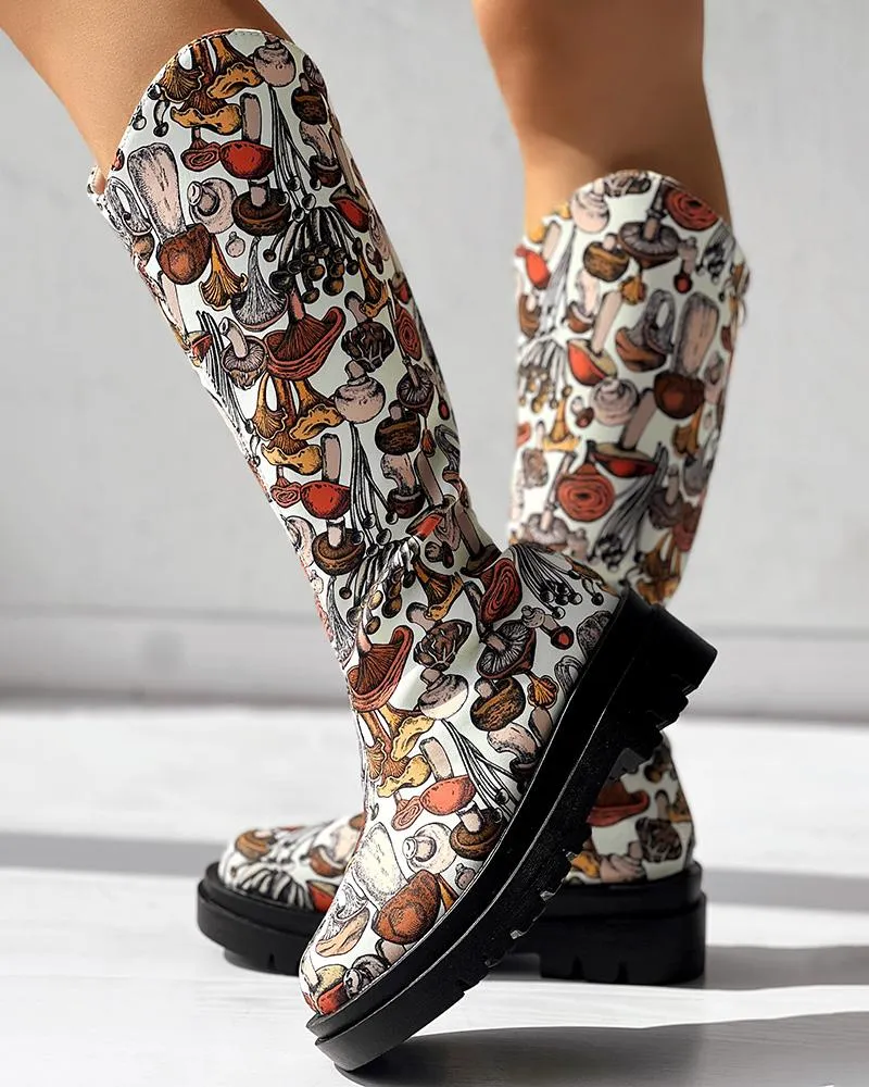 Mushroom Print Platform Over The Calf Boots
