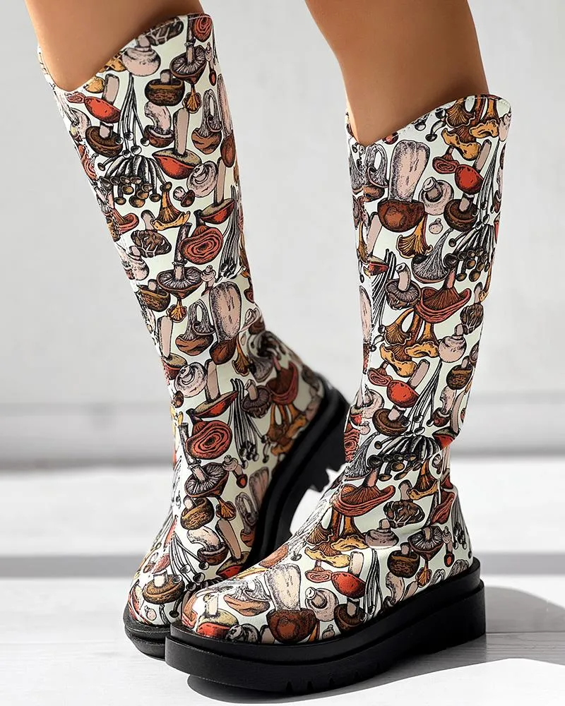 Mushroom Print Platform Over The Calf Boots
