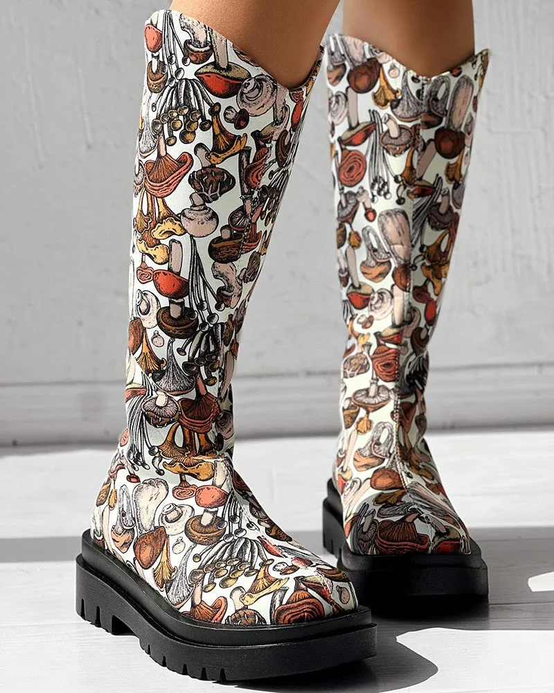 Mushroom Print Platform Over The Calf Boots