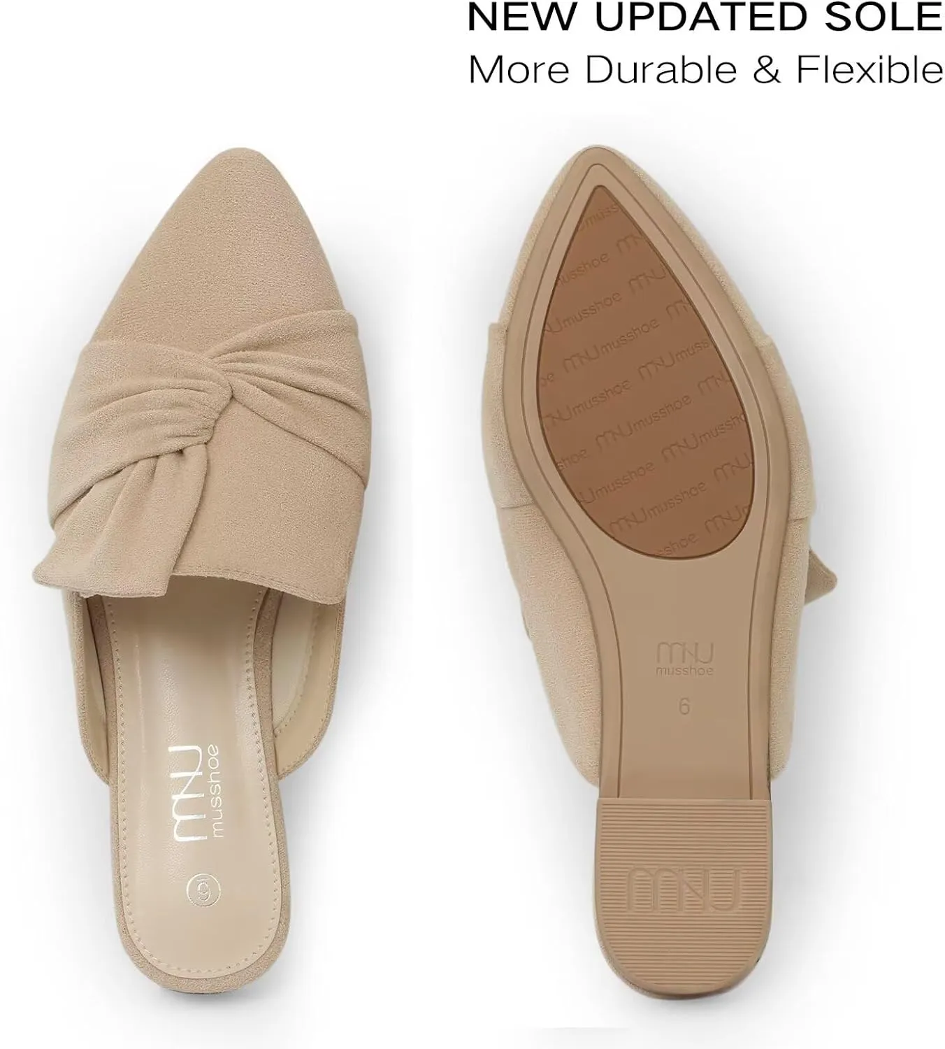 MUSSHOE Women Mules Slip On Comfortable Pointed Toe Mules for Women Flats with Knot
