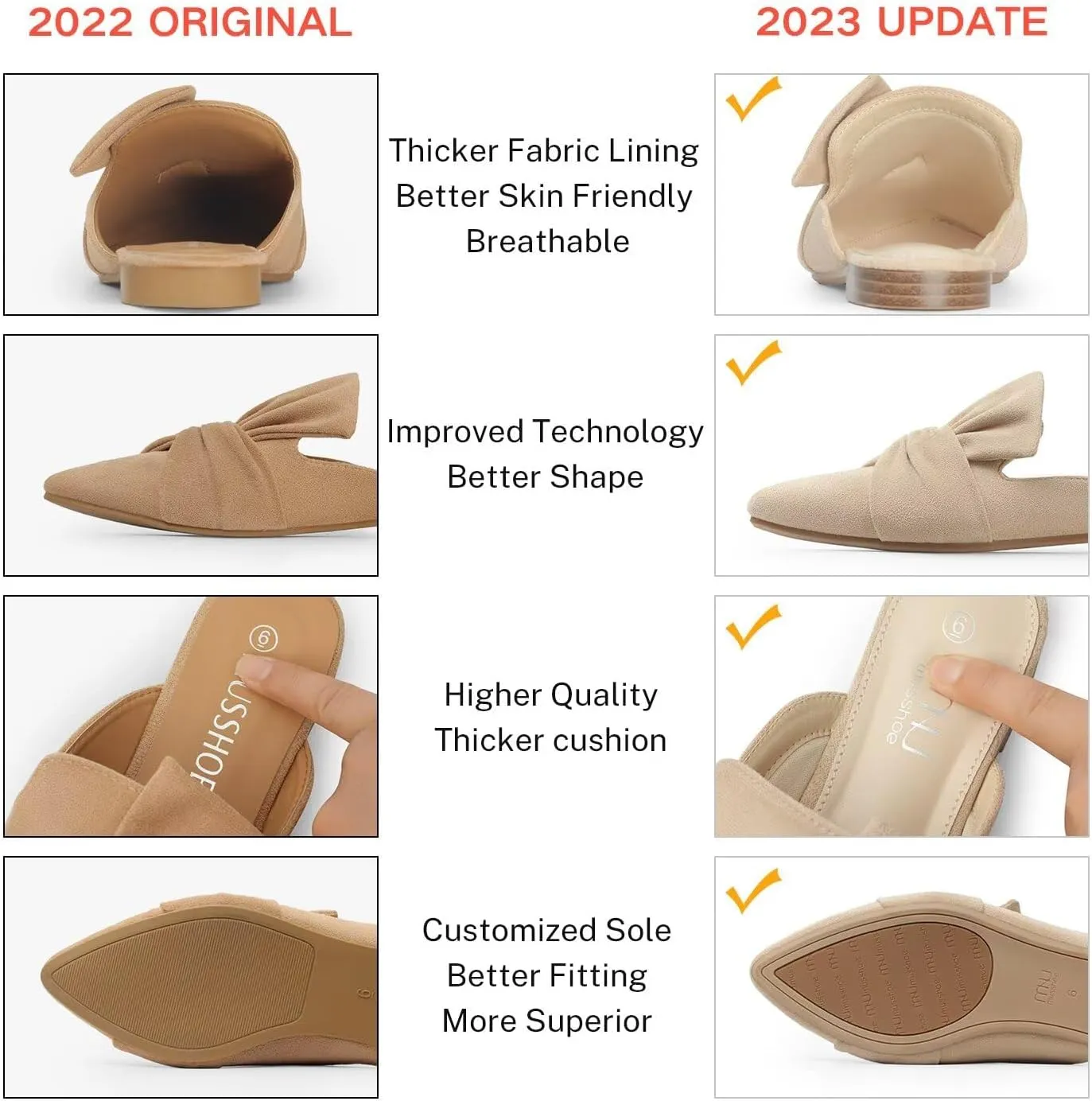 MUSSHOE Women Mules Slip On Comfortable Pointed Toe Mules for Women Flats with Knot