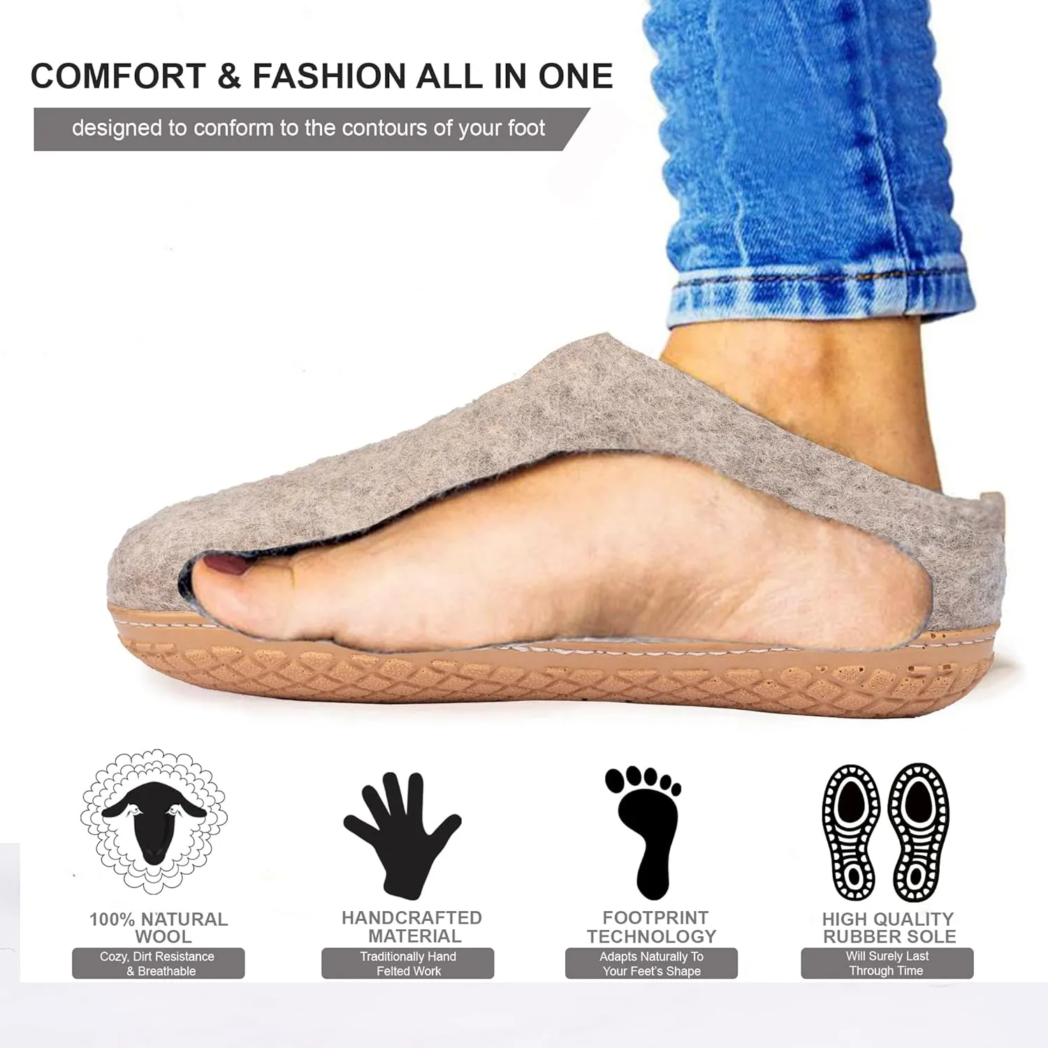 Natural Grey Handmade Wool Clogs Unisex Slip-on Slippers, Women Gray Comfy Slip-on Room Slippers, Unisex Sheep wool slip on home shoes Gift