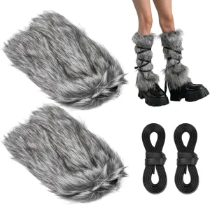 NBEADS Faux Fur Fuzzy Leg Warmers, Women's Furry Boot Covers with Strap Warm Fur Boot Cuffs Medieval Fuzzy Leg Warmers for Women Viking Costume Halloween Cosplay Accessory Gray