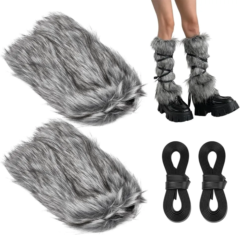 NBEADS Faux Fur Fuzzy Leg Warmers, Women's Furry Boot Covers with Strap Warm Fur Boot Cuffs Medieval Fuzzy Leg Warmers for Women Viking Costume Halloween Cosplay Accessory Gray